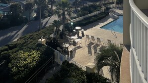Um resort com piscina, palmeiras e vista para o oceano.