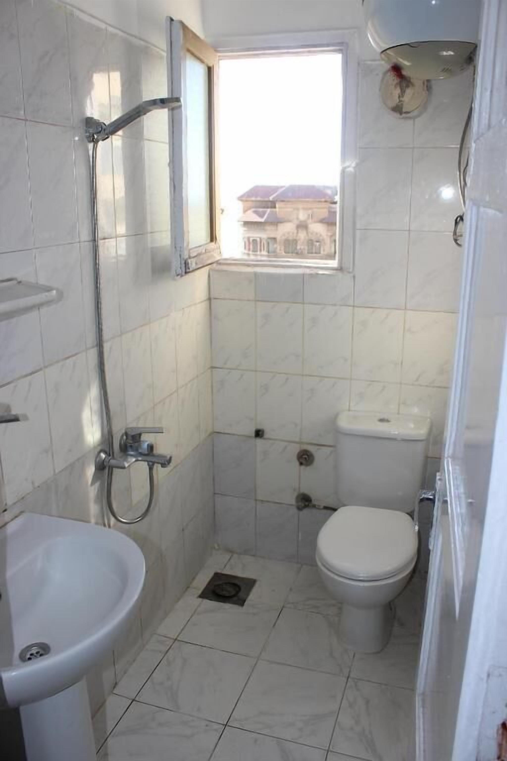 Une petite salle de bain avec des toilettes, un lavabo et une douche.