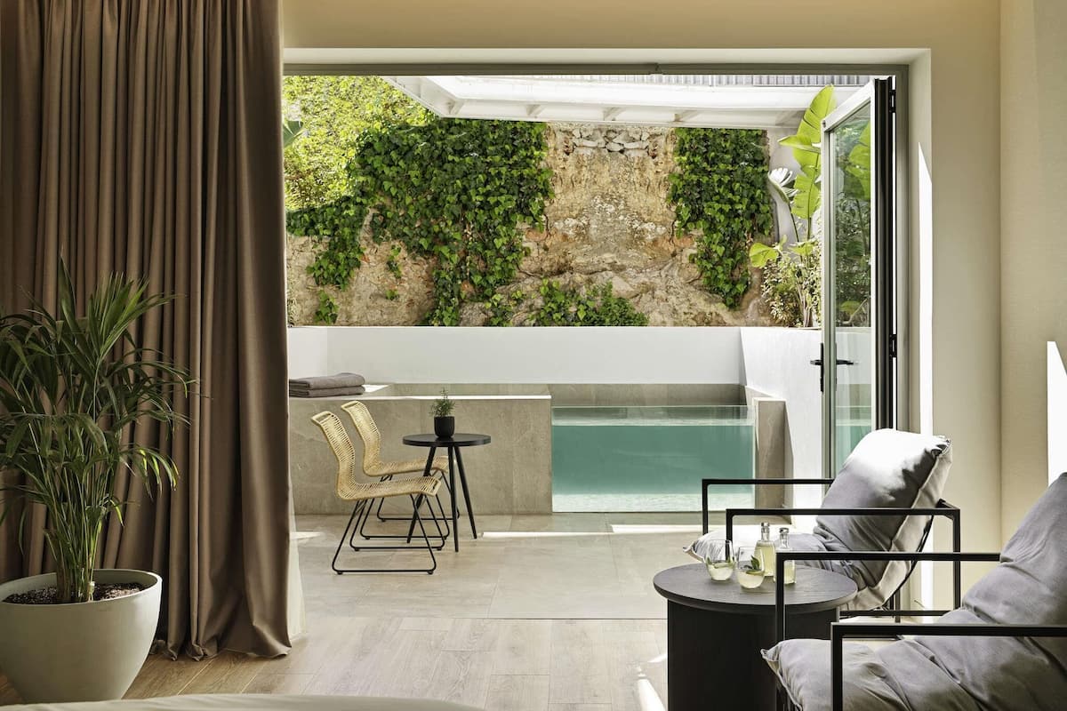 Junior Suite with Plunge Pool, Atrium View | Ropa de cama hipoalergénica y minibar