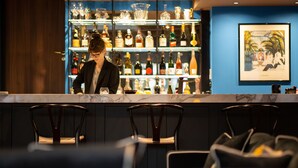 Un espace bar avec un barman, des étagères remplies de différentes bouteilles d’alcool et une œuvre d’art encadrée au mur.