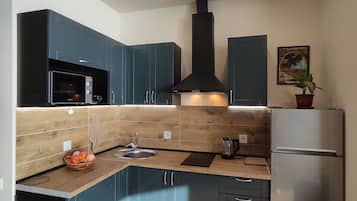 Fridge, microwave, stovetop, electric kettle