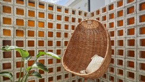 Una silla colgante de mimbre frente a una pared de bloques de concreto, con una planta en maceta a su lado.