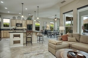 Smart TV, fireplace, books, offices