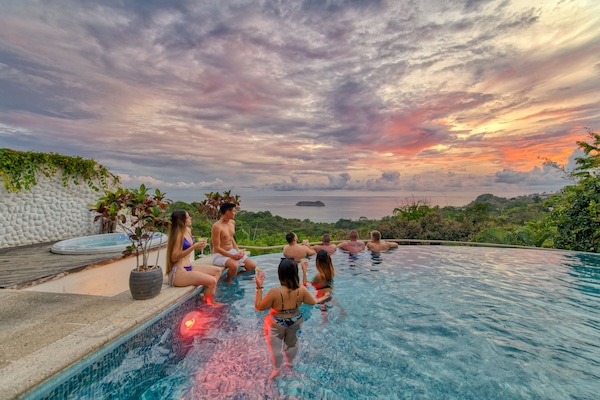 Outdoor pool, pool umbrellas, pool loungers