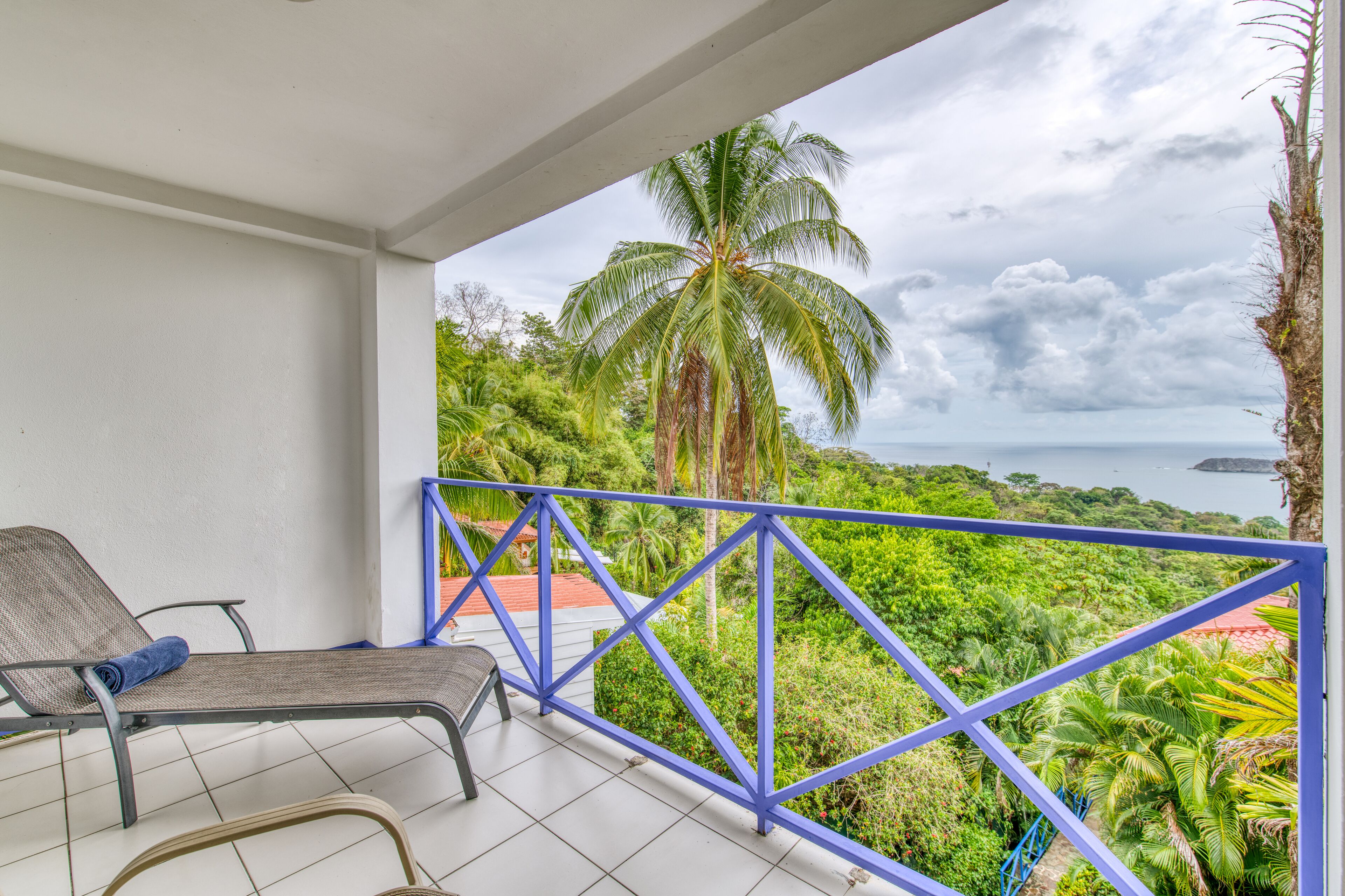 A balcony with a view of a lush landscape, including a palm tree and the sea.