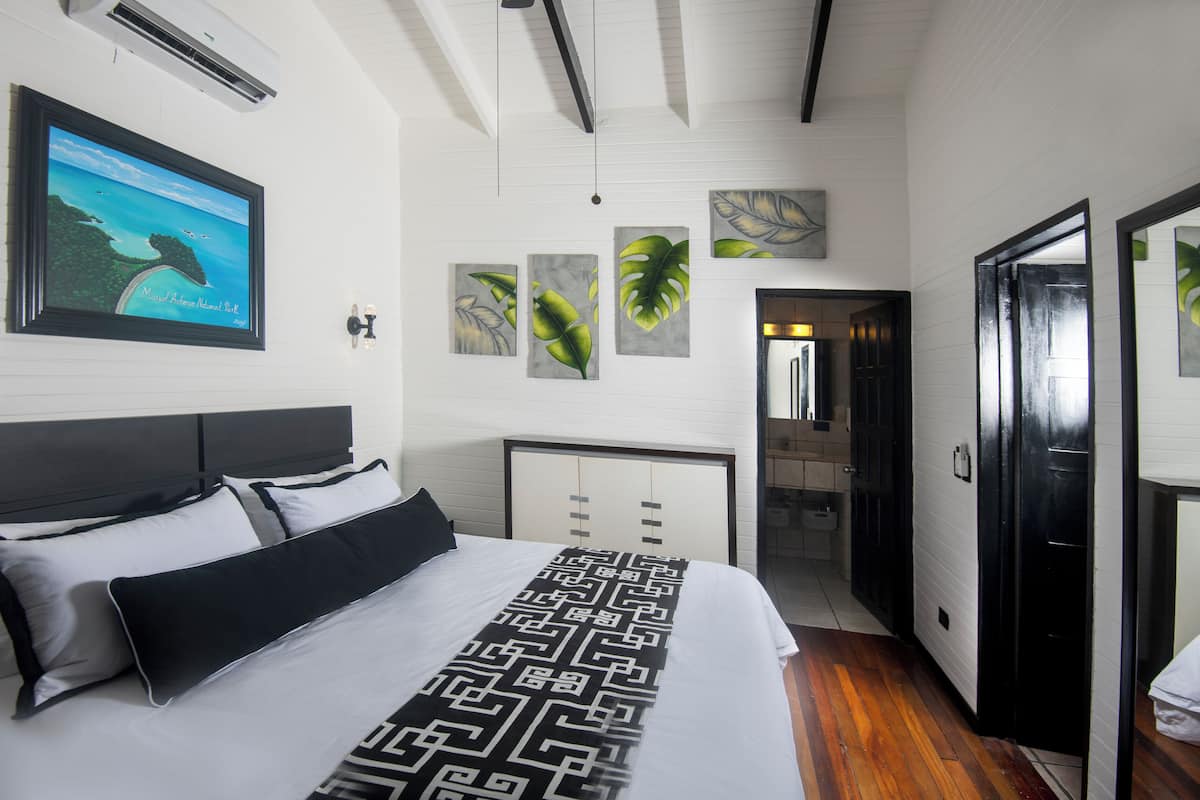 Un dormitorio con cama, cabecera, aire acondicionado instalado en la pared y un cuadro enmarcado con una escena tropical.