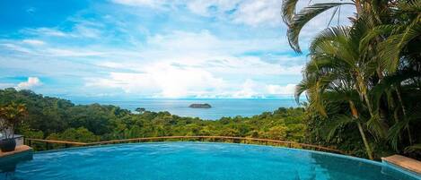 Kolam renang outdoor, dengan payung kolam renang dan kursi berjemur