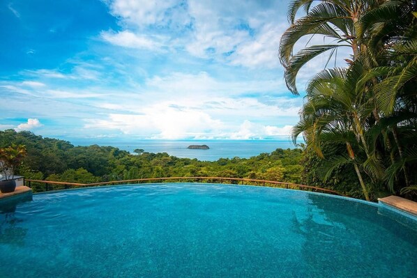 Outdoor pool, pool umbrellas, pool loungers