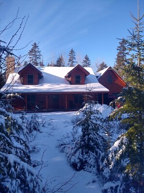 A log cabin with a snow-covered roof and a stone chimney, surrounded by snow-laden trees.