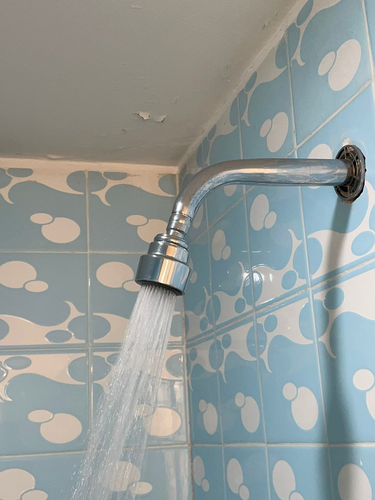 Une douche avec un pommeau chromé incurvé d’où jaillit l’eau.