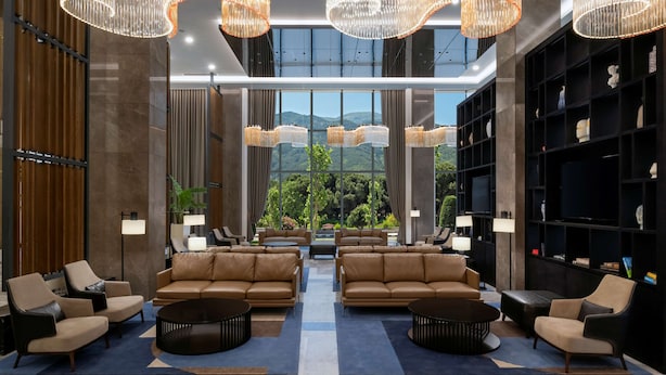 A spacious lobby with leather sofas, a coffee table, and a large bookshelf. - DoubleTree by Hilton Manisa (Manisa)