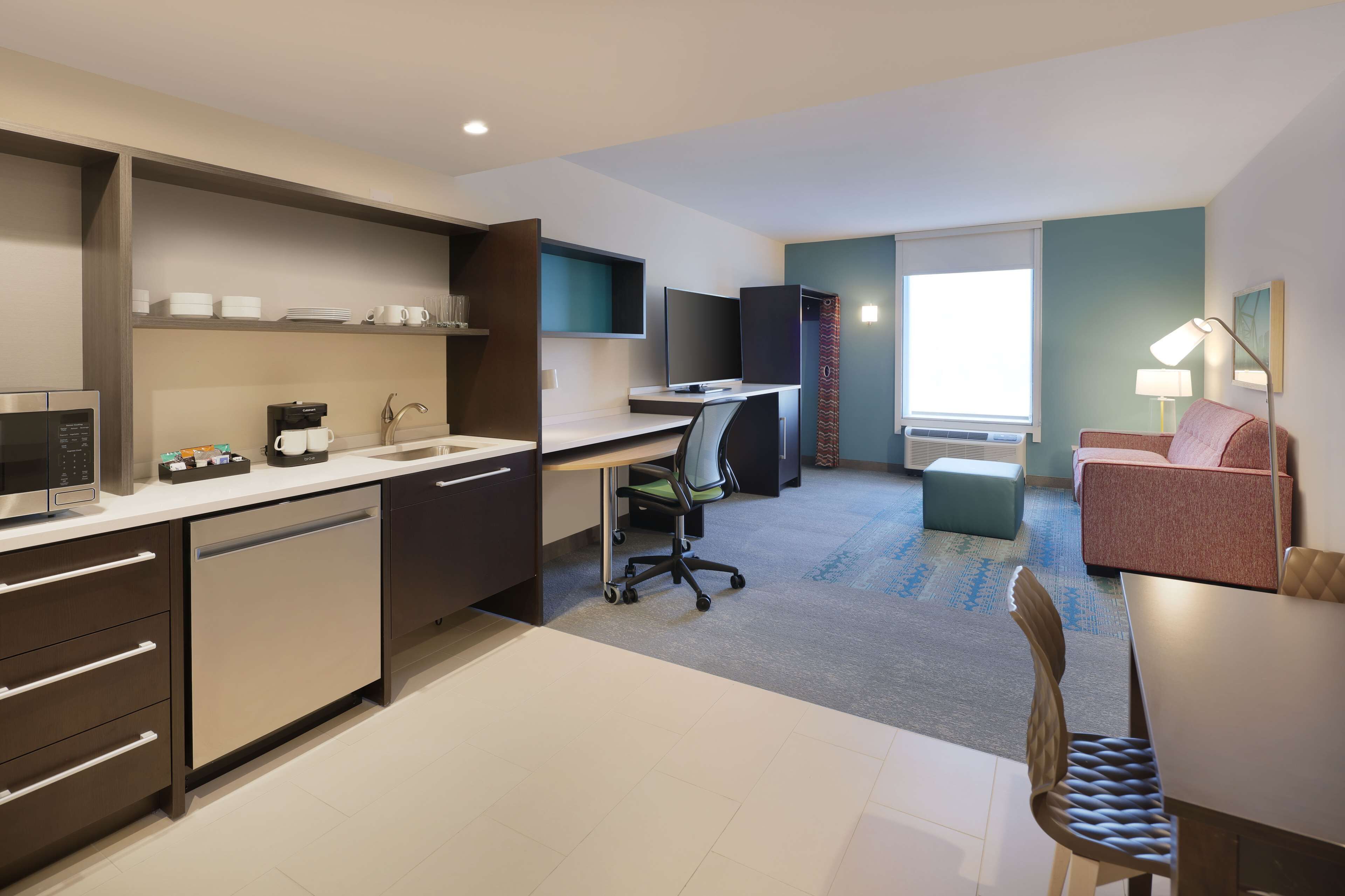 premium bedding, desk, laptop workspace, blackout curtains