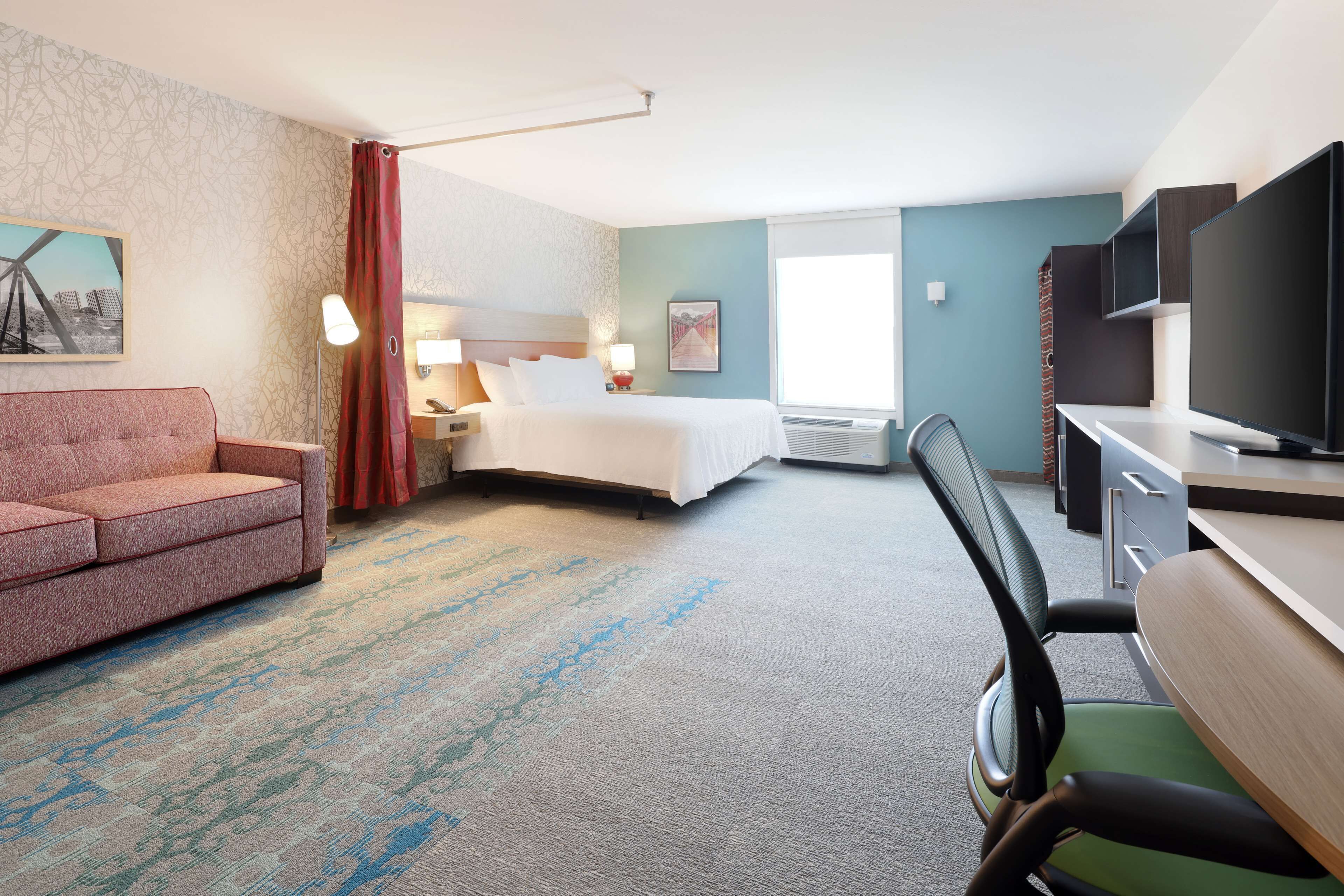 premium bedding, desk, laptop workspace, blackout curtains