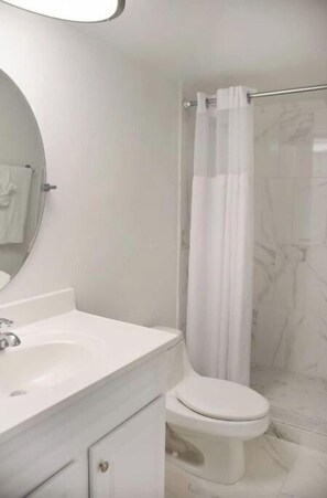 Features a spacious bathroom with a white vanity, large mirror, toilet, and shower area with a glass door.