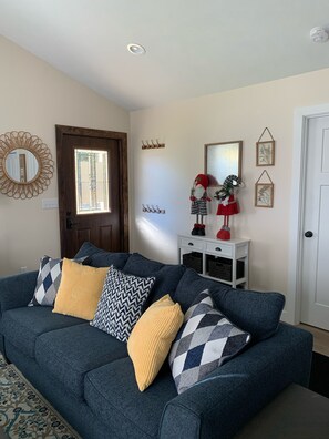 Smart TV, fireplace, books