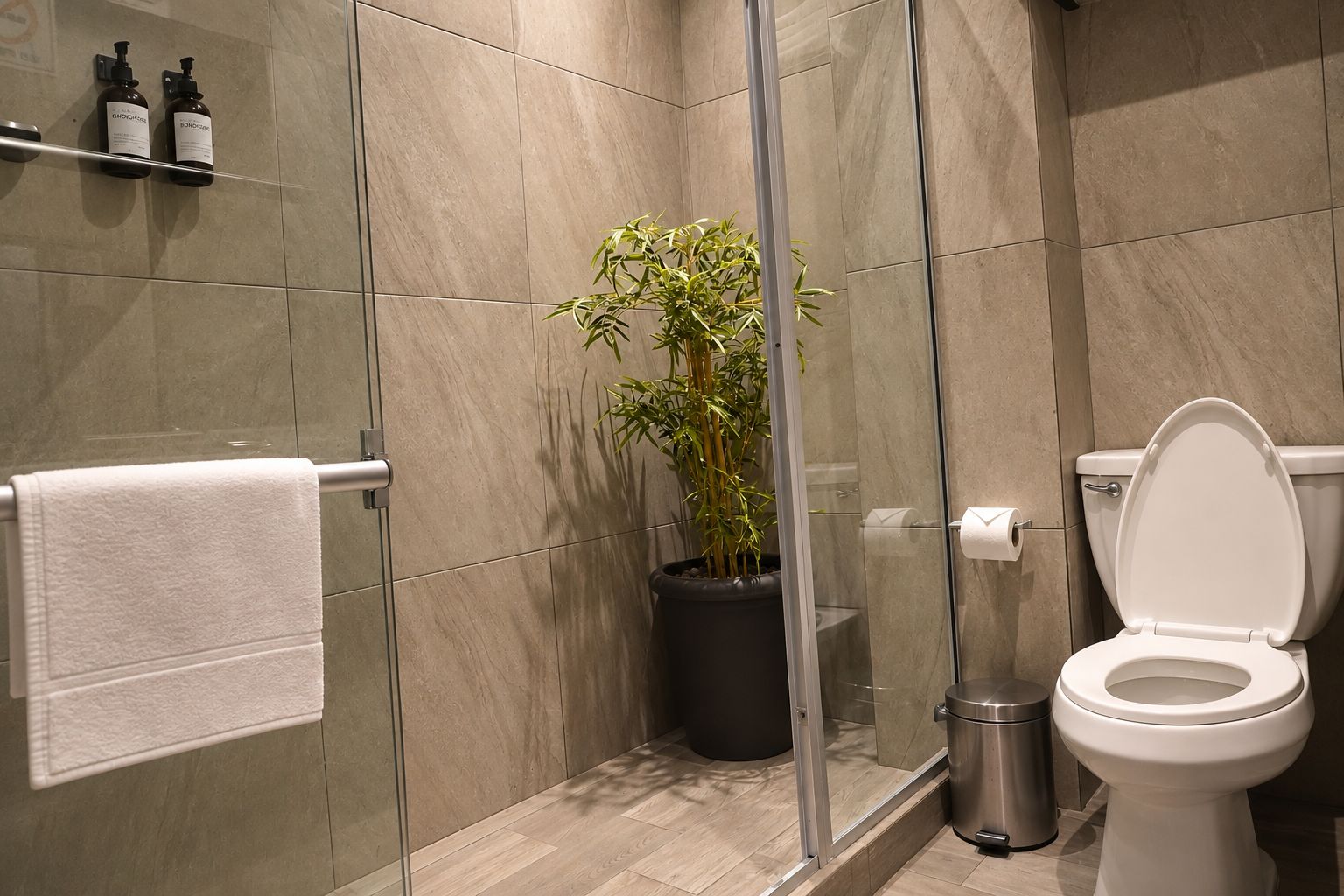 Een moderne badkamer met een douchecabine van glas, een toilet, een wastafel en een potplant.