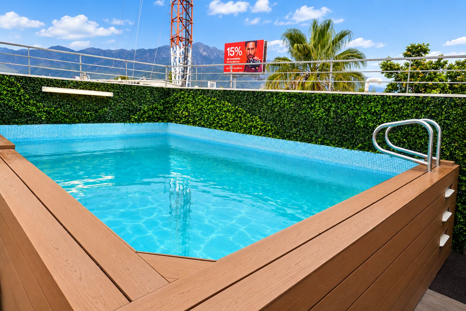 A rectangular swimming pool with a wooden deck and metal handrail, surrounded by a metal fence and a green hedge.
