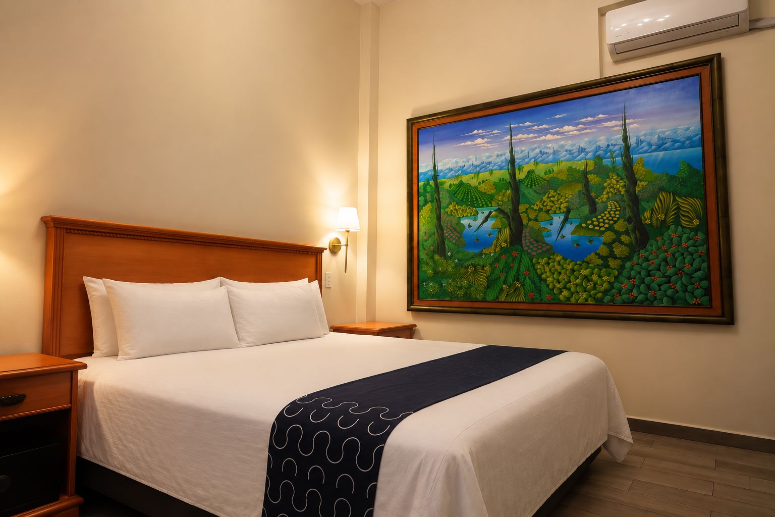 Una habitación de hotel con cama, mesitas de noche, un cuadro en la pared y un equipo de aire acondicionado.