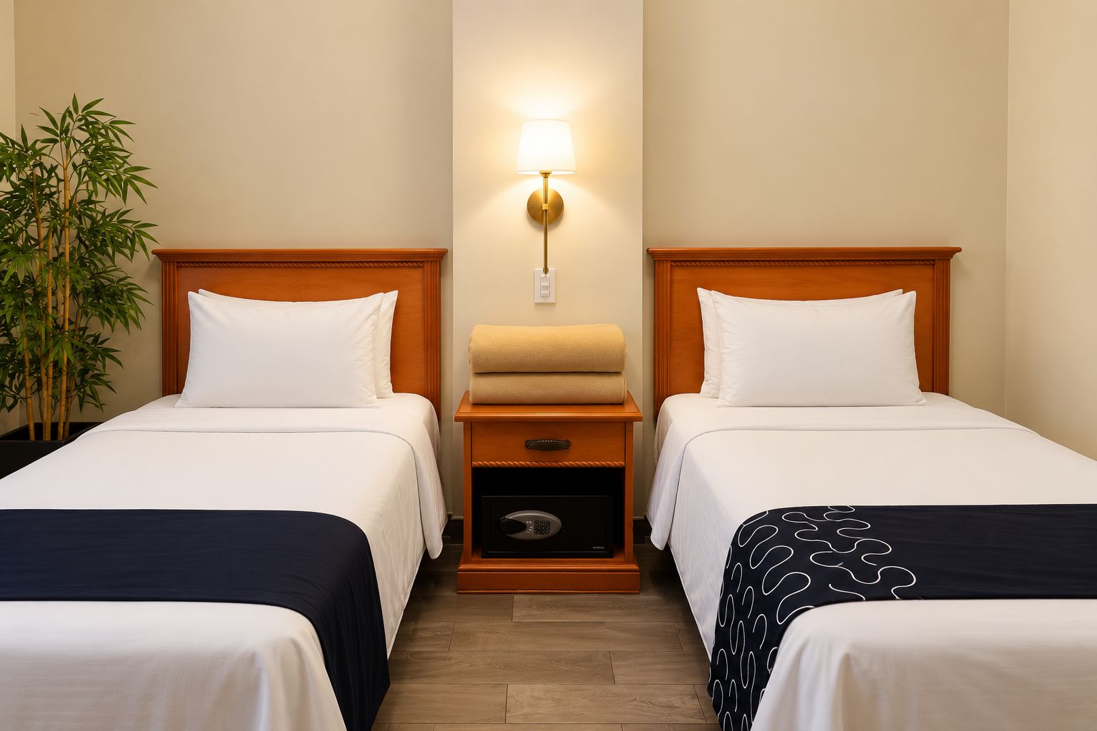 A hotel room with two beds, a bedside table with a lamp, a small plant, and a wall-mounted heater.