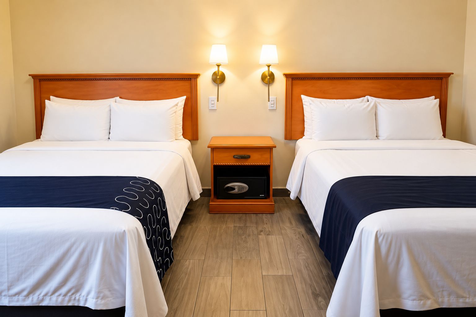 A hotel room with two beds, a nightstand with a lamp, and a safe.