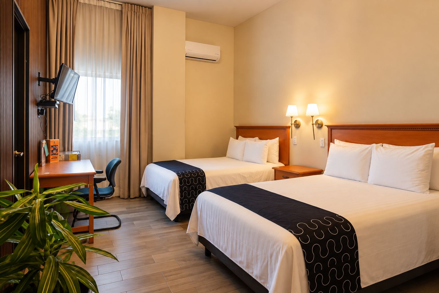 Habitación de hotel con dos camas, un escritorio con silla, un televisor y una planta.