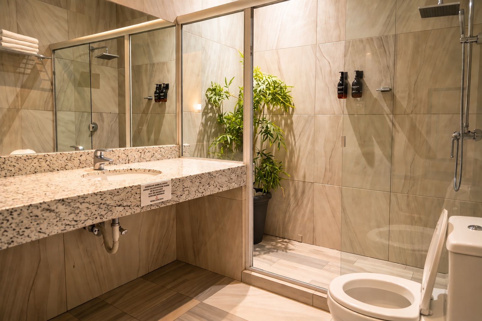 A modern bathroom with a granite countertop, a glass shower enclosure, and a toilet.