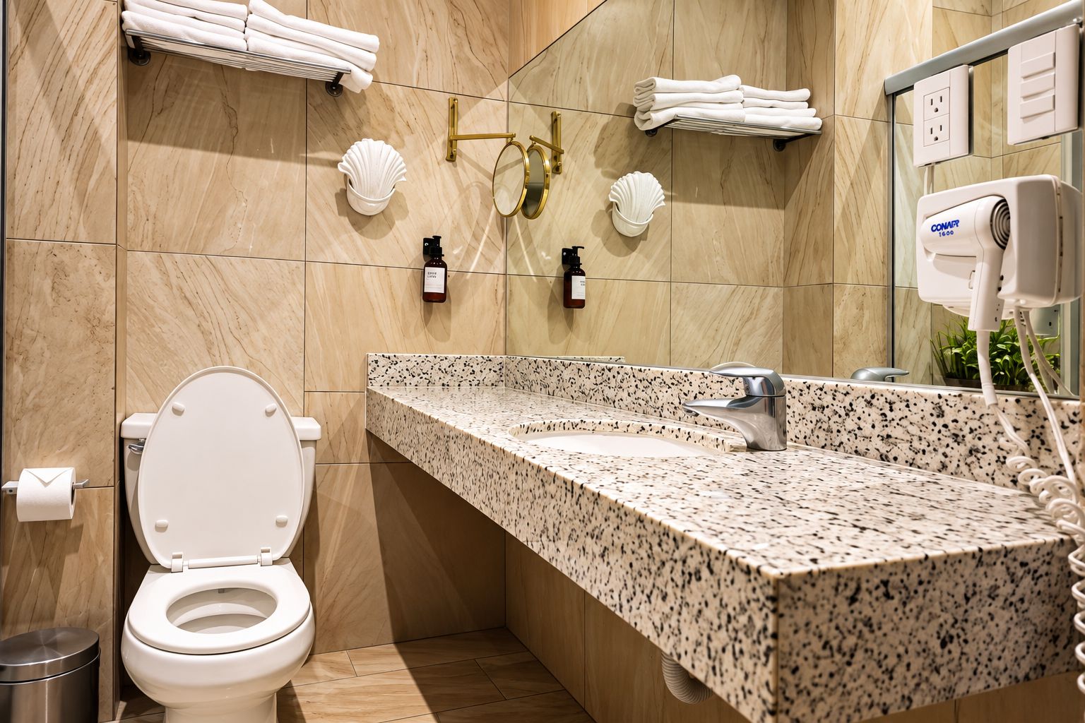 A bathroom with a toilet, sink, towel rack, and a hairdryer.