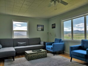 Smart TV, fireplace, DVD player, books