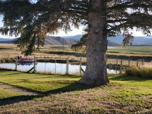 A tree-lined path leading to a body of water with a boat docked nearby.