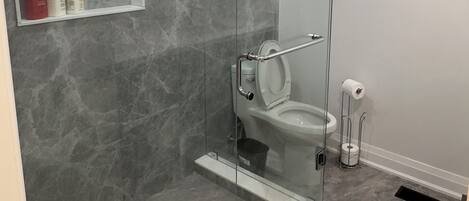 Un bagno moderno con doccia in vetro, un water e un lavandino.