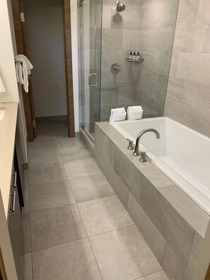 Bathroom features a large bathtub, glass-enclosed shower, and minimalist design.