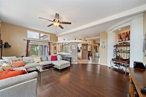 Smart TV, fireplace, books