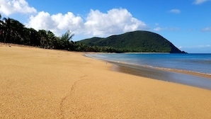A beach with a clear view of the ocean and a mountain in the background. - Top of Villa "La MARGUERITE (Deshaies)