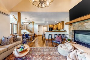 TV, fireplace, books