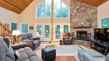 Smart TV, fireplace, books