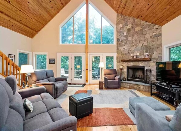 Smart TV, fireplace, books