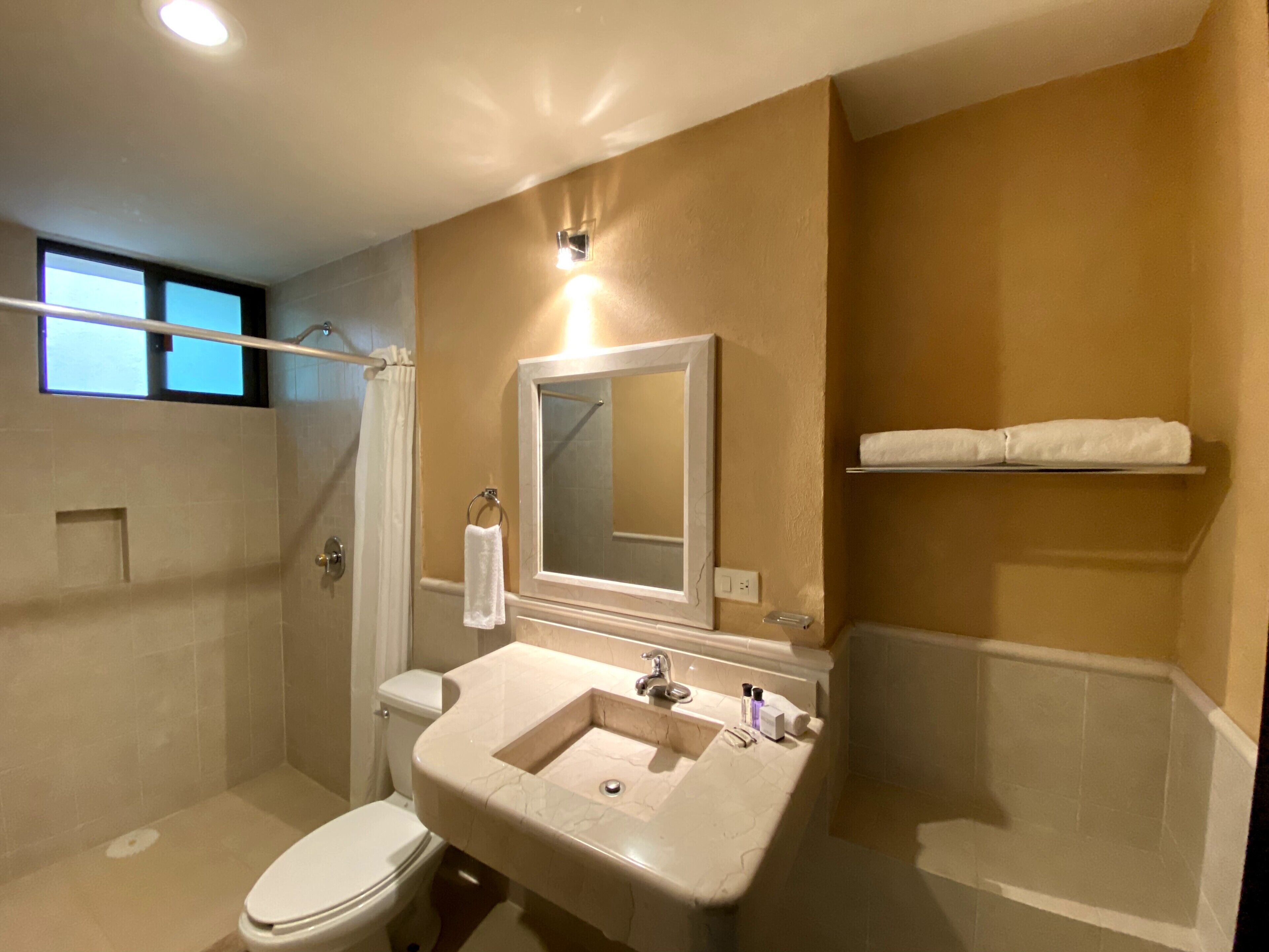 basic room | bathroom | shower, hair dryer, towels, soap