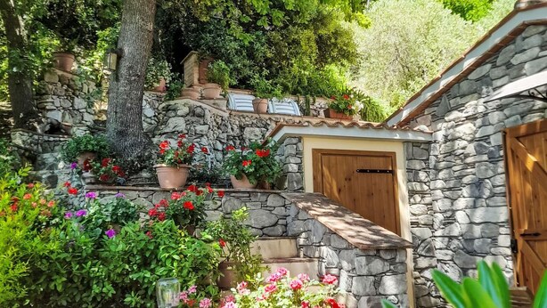 Un edificio de piedra con puerta de madera, rodeado de vegetación exuberante y plantas florecientes.