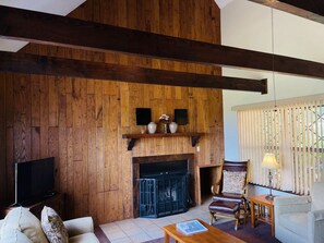 Smart TV, fireplace, table tennis, books