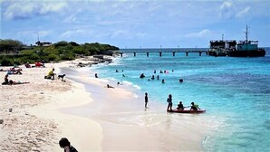 A beach with people swimming and sunbathing, a pier in the background, and a boat near the shore.