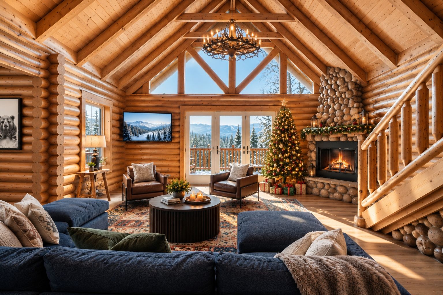 A log cabin interior with a fireplace, a Christmas tree, and a cozy seating area.
