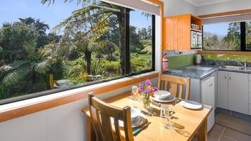Fridge, microwave, toaster, cookware/dishes/utensils