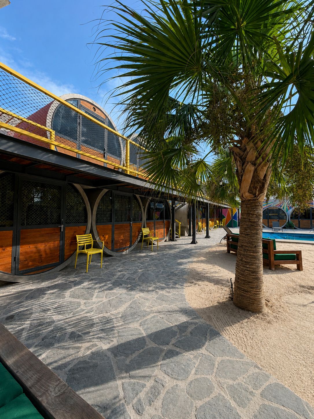 An outdoor seating area with yellow chairs, a palm tree, and a pool.