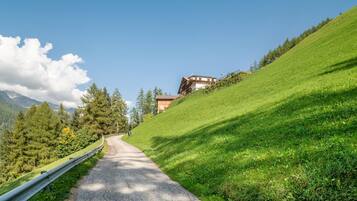 Une route asphaltée bordée d’une barrière métallique, une colline avec un bâtiment, et une montagne boisée en arrière-plan.
