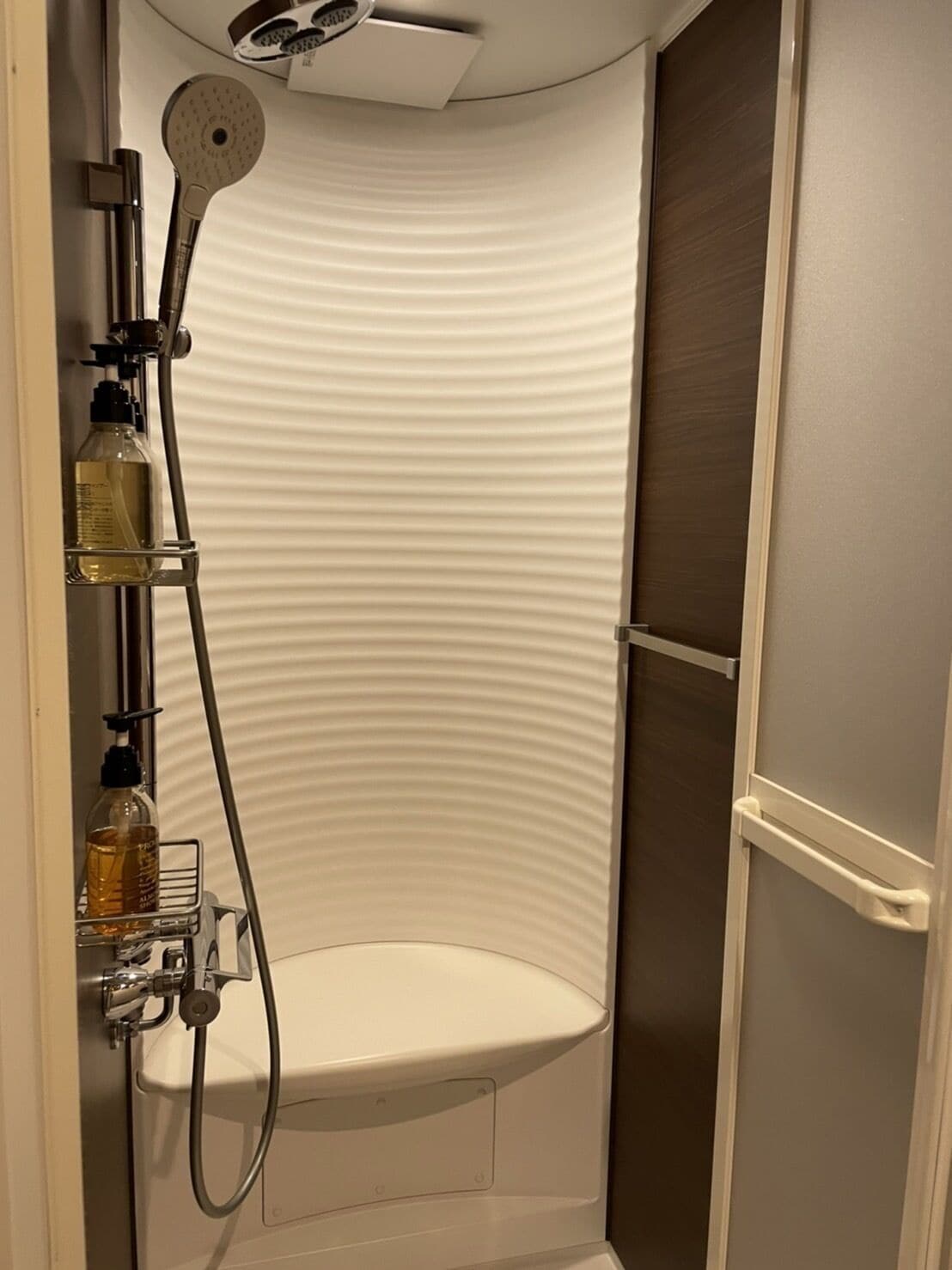 A corner shower with a curved wall, a handheld showerhead, and a bottle of liquid soap.