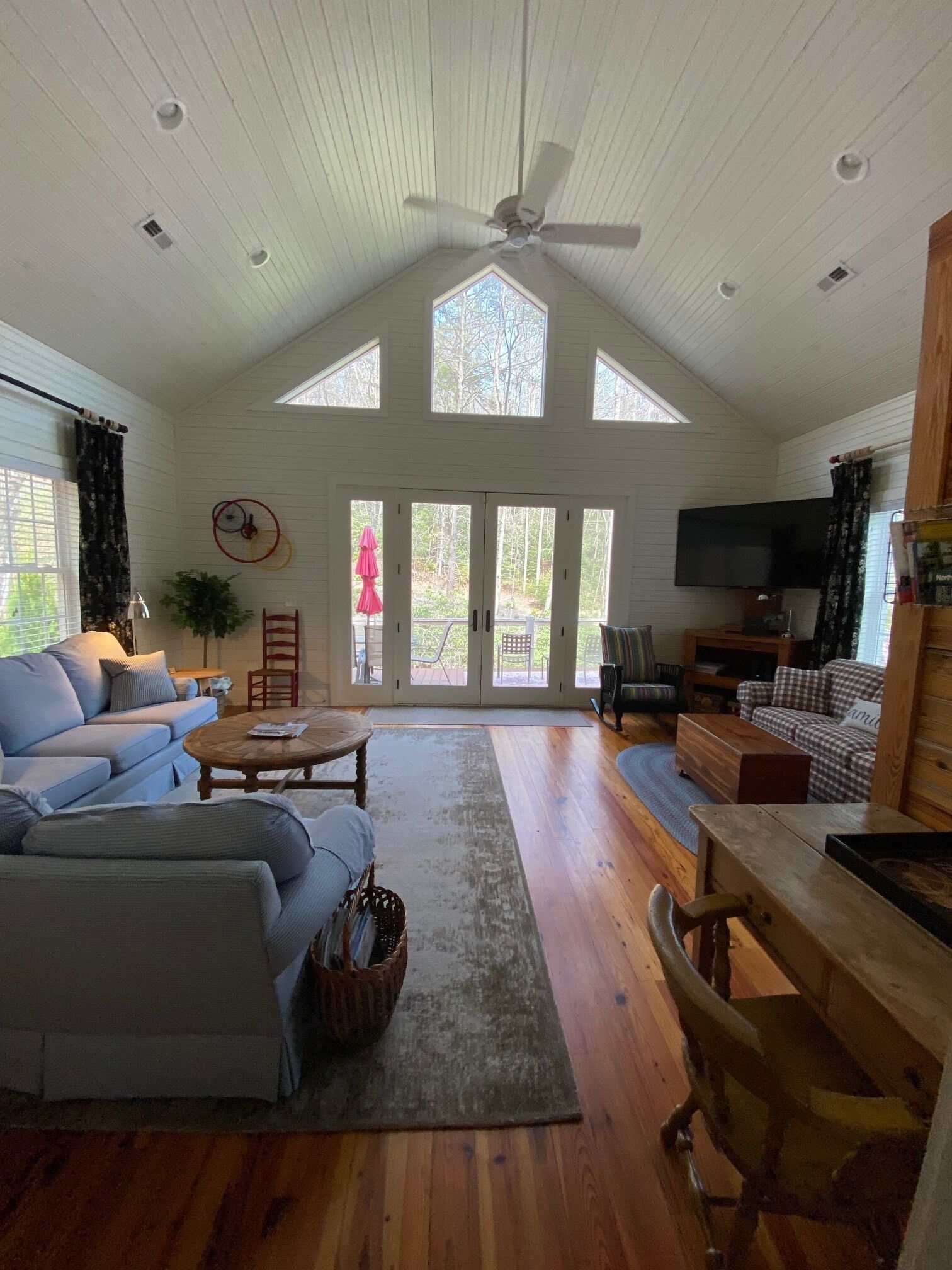 Smart TV, fireplace, books, video library
