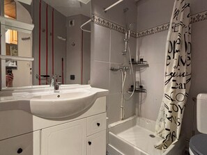 A bathroom with a white sink, a shower, and a toilet. - Comfortable Duplex Studio for 4, Avoriaz (Avoriaz)