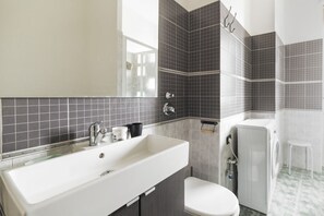 Shower, hair dryer, bidet, towels