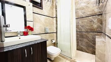 Shower, soap, shampoo, toilet paper