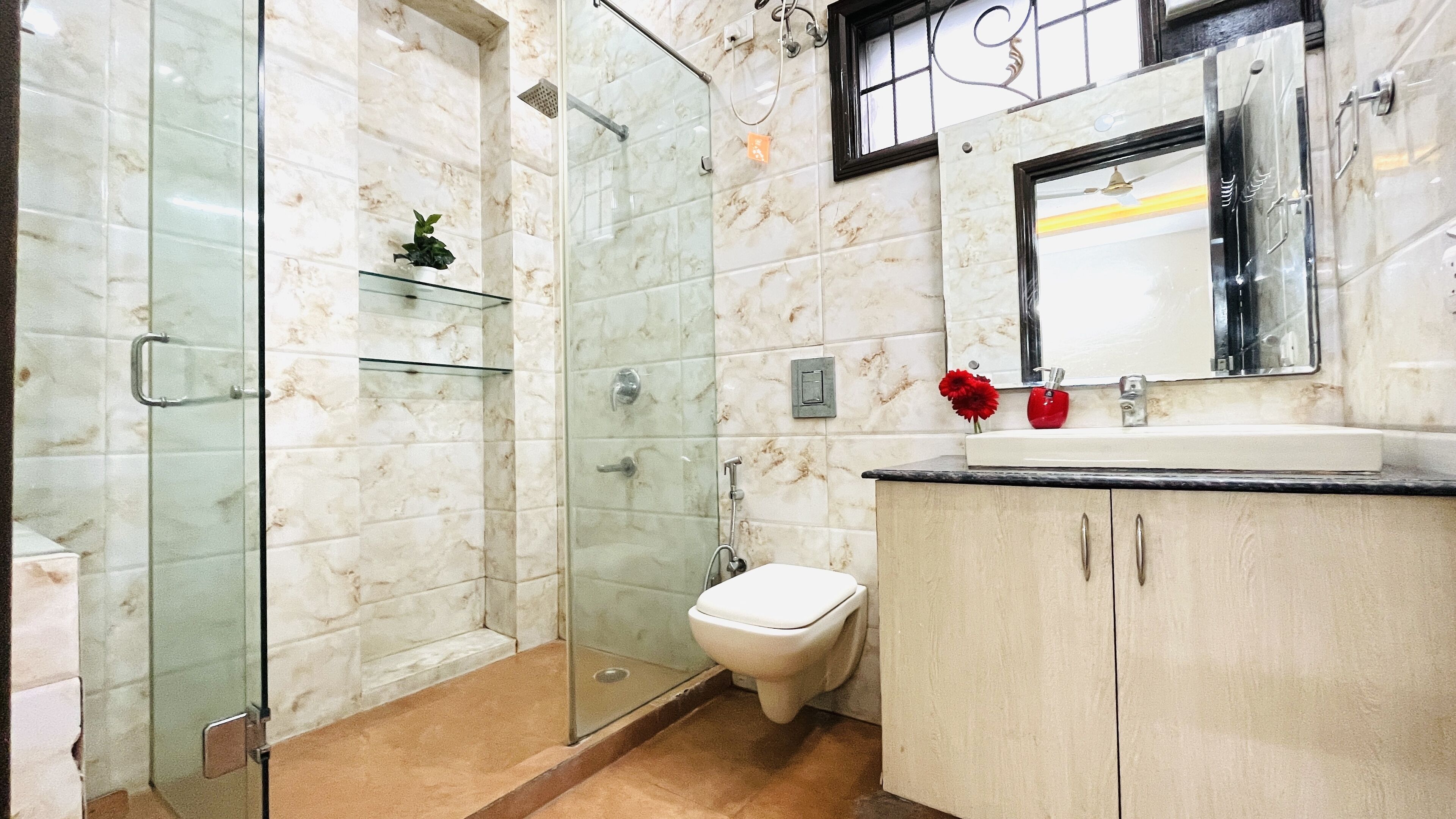 Shower, soap, shampoo, toilet paper